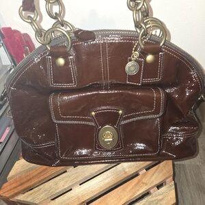 Coach Patent Leather Francine Domed Satchel 65th Anniversary Stripe Satin Inside